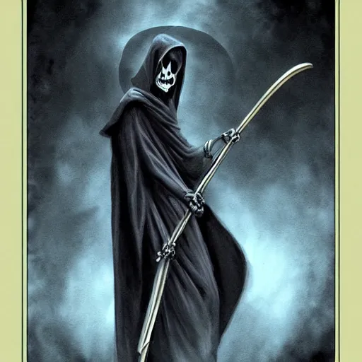 Image similar to tarot card, grim reaper, fantasy art