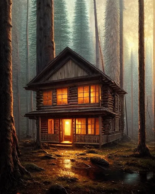 Image similar to a hyper - detailed 3 d render like an oil painting of cabin in the woods floating inside our own consciousness!!!!! surreal concept art, lifelike, photorealistic, digital painting, aesthetic, smooth, sharp focus, artstation hd, by greg rutkowski, bruce pennington, valentina remenar, rhads, asher duran,