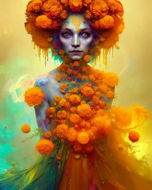 Image similar to Full View Portrait Mystical ethereal marigold deity wearing beautiful dress, marigold Dryad, 4k digital masterpiece by Anna dittman and Ruan Jia and Alberto Seveso, fantasycore, Hyperdetailed, realistic oil on linen, soft lighting, marigold background, featured on Artstation