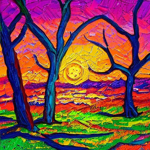 Image similar to a highly detailed painting of a tree in the sunset, an acrylic! impasto! painting by Erin Hanson, deviantart, behance contest winner, art on instagram, impressionism, rich color palette, pastel colors, vivid colors