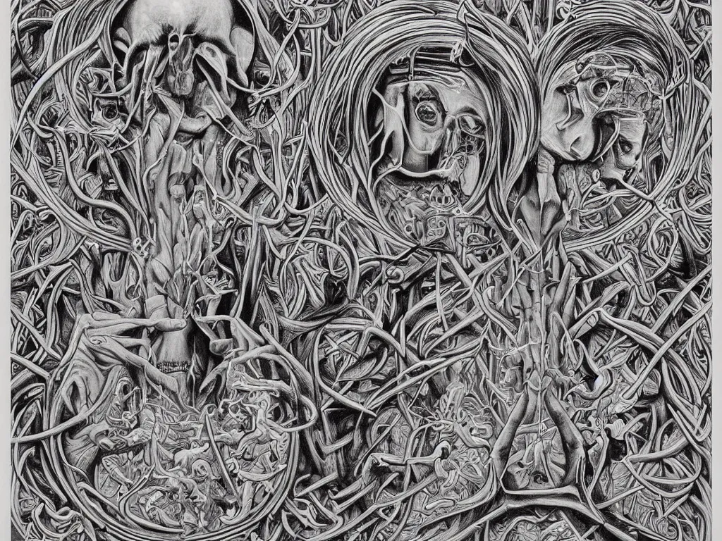 Image similar to meditation on death by Alex Grey and M. C. Escher collaboration