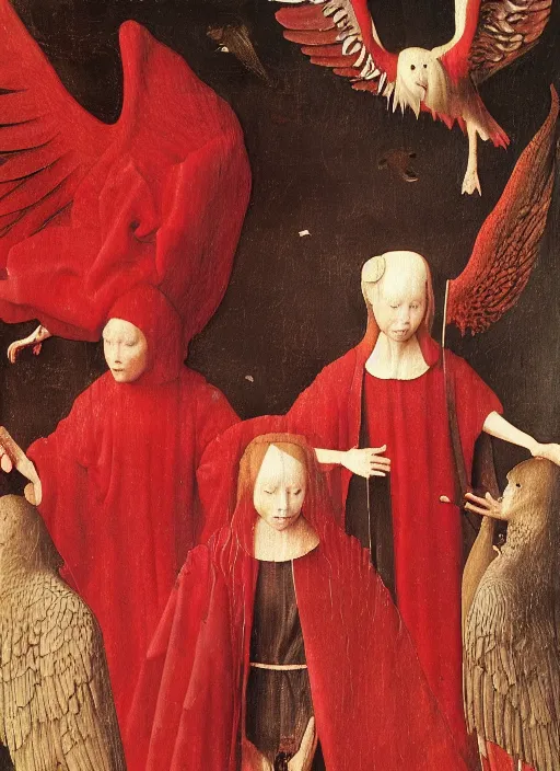 Image similar to fallen angels dressed in red with wings by Jan van Eyck, Hieronymus Bosch, Johannes Vermeer 4k post-processing, highly detailed medieval painting