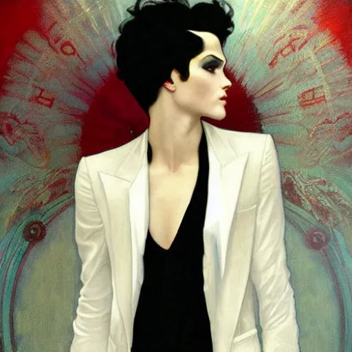 Image similar to beautiful portrait of androgynous ruby rose as desire from sandman in a white tuxedo!!!, rockabilly style, by alphonse mucha, cedric peyravernay, by jeremy mann, by frank moth, white suit and black tie, soft lightning, high detailed, 8 k