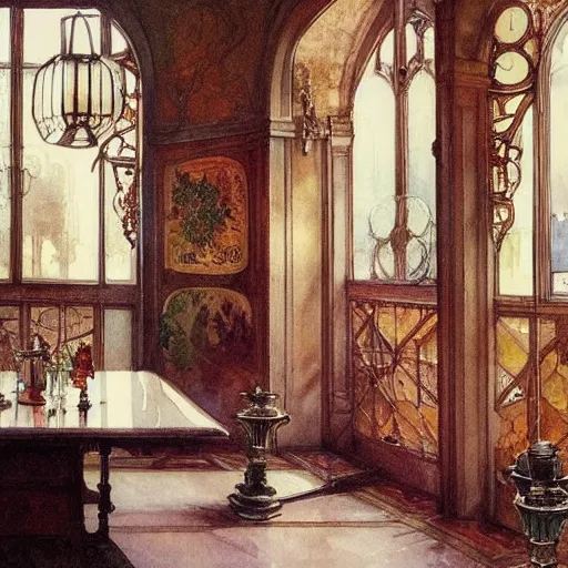 Image similar to a beautifull intricate watercolour painting of a dining room, reflexions, verry high details by william turner art, greg rutkowski and alphonse mucha, trending on artstation, very very detailed, masterpiece, muted colors