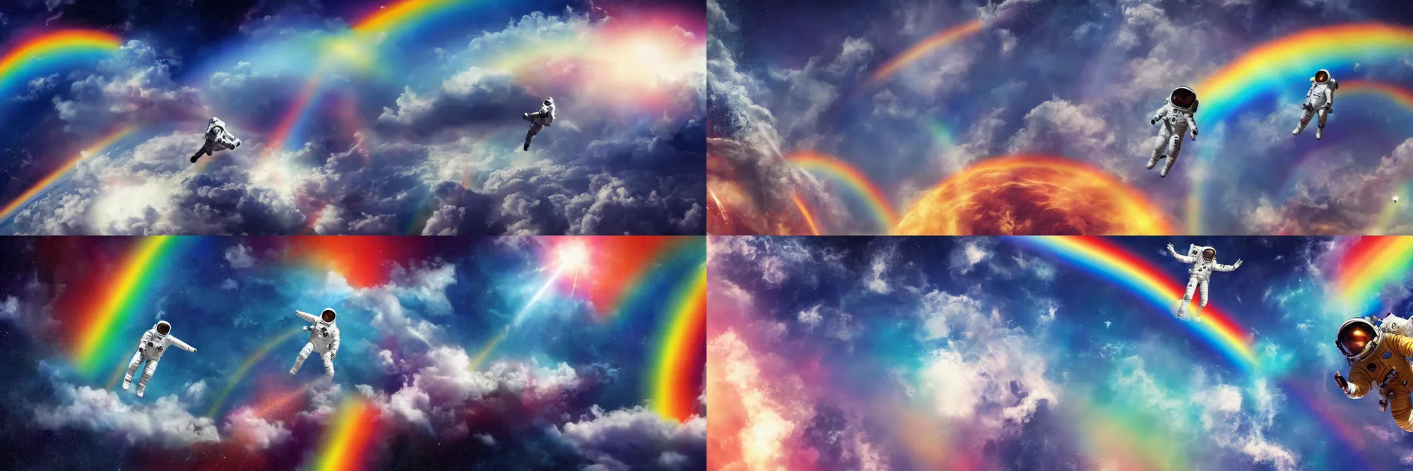 Prompt: A hyperrealistic photograph of an astronaut surfing on a rainbow in Space, 8k wallpaper, trending on artstation