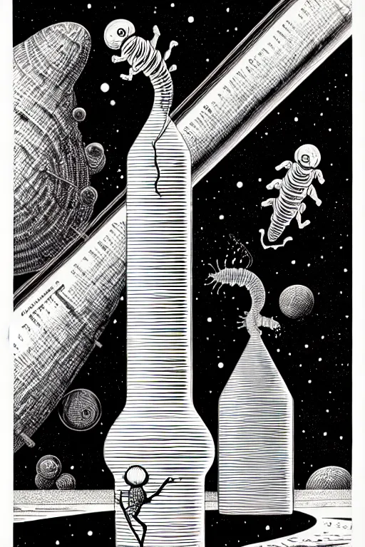 Image similar to an erlenmeyer flask with a caterpillar inside, bold line art, by vincent di fate and joe fenton, inking, etching, screen print, masterpiece, trending on artstation, sharp, high contrast, hd