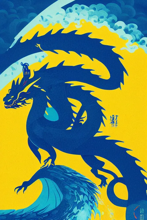 Image similar to Japanese poster art of a Asian dragon in front of a wavy sea during a thunderstorm, adobe illustrator, blue and yellow colour scheme, 4k, abstract design,