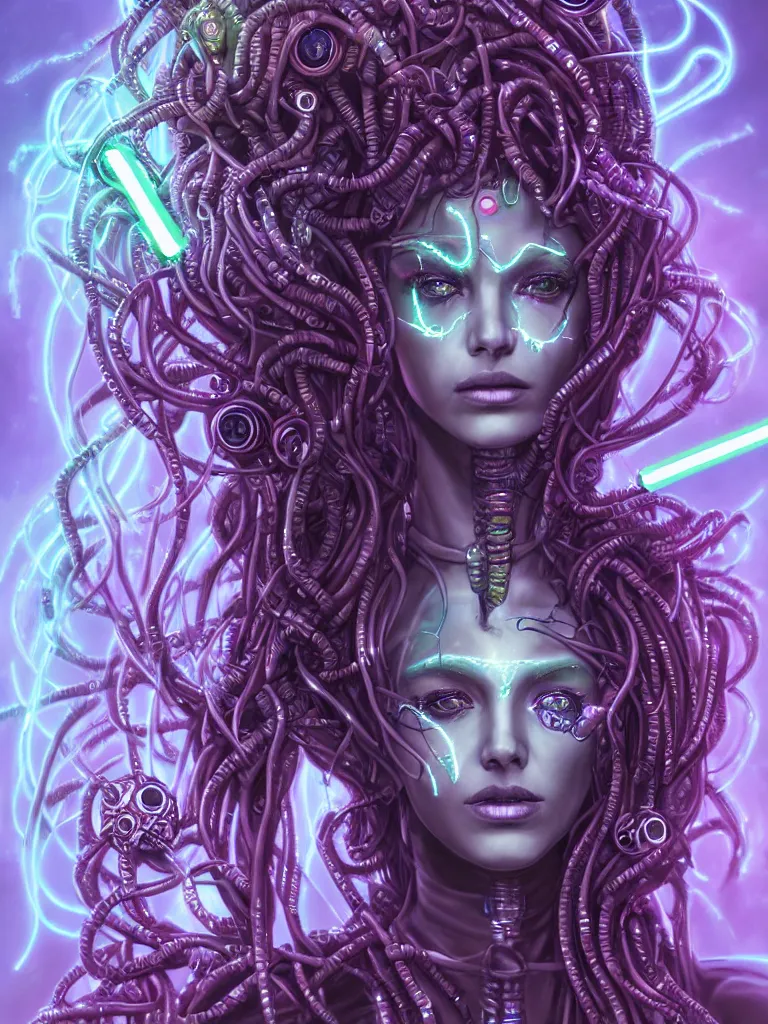 Prompt: half covered body portrait of a beautiful cyber witch medusa, jedi, keys, in a cyberpunk garden, mystic unity, becoming one with the machine overlord, elegant pose, body covers with neon crystals, detailed sketch drawing, concept art, star wars