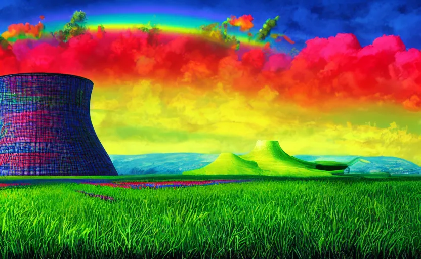 Prompt: artwork of an exploding nuclear reactor with all the colors of the rainbow, sunny sky, green fields, digital art, masterpiece, 4k