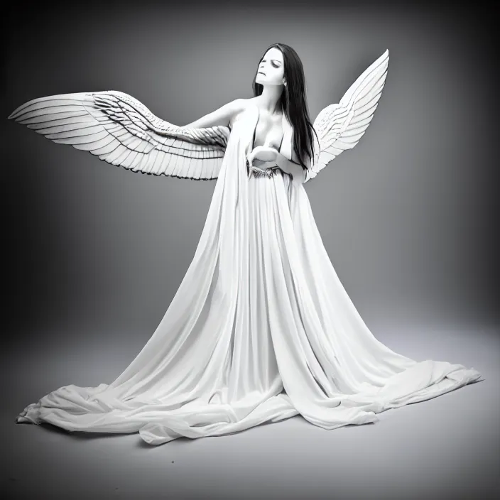 Prompt: portrait of a beautiful woman like a fallen angel, total body dressed in long elegant intricate ornamental white dress, smooth, sharp focus, fine art photography by Lindsay Adler, professional studio lighting, volumetric lighting, dark colors , hyper realistic kodak photography