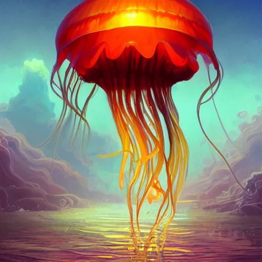 Prompt: jellyfish in a bright ocean, deep focus, fantasy, intricate, elegant, highly detailed, digital painting, artstation, concept art, matte, sharp focus, illustration, hearthstone, art by rhads and artgerm and greg rutkowski and alphonse mucha and gediminas pranckevicius