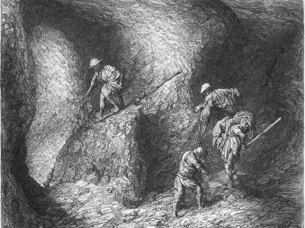 Image similar to Worker in the mines carrying stones. Ink painting by Gustave Dore, Albrecht Durer, Sebastiao Salgado