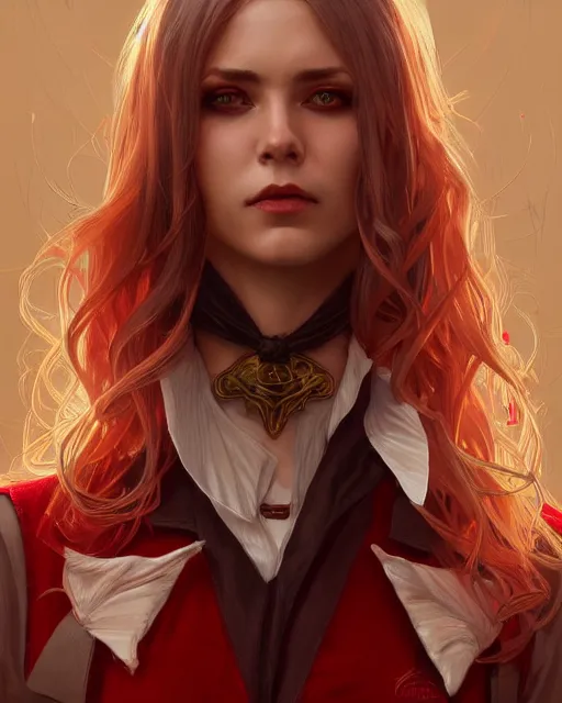 Image similar to female vampire, perfect face, gold waistcoat, red shirt, long grey hair, red necktie, cinematic, stunning, highly detailed, digital painting, artstation, smooth, hard focus, illustration, art by artgerm and greg rutkowski and alphonse mucha