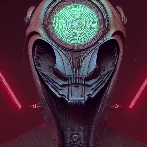 Image similar to symmetry, headpiece, portrait of an extraterrestrial creature, renaissance style, star wars character, mechanical parts, volumetric lights, sci - fi, blade runner, trending on artstation, sharp focus, studio photo, intricate details, highly detailed