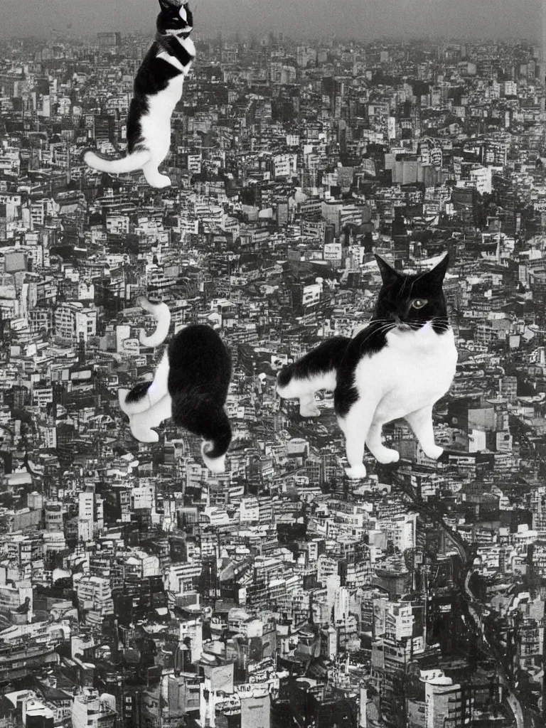 Image similar to full - color 1 9 6 0 s photo of an enormous cute calico - cat as a kaiju climbing up tokyo tower, in minato ward. in the style of a toho movie ; highly - detailed ; cinematic.