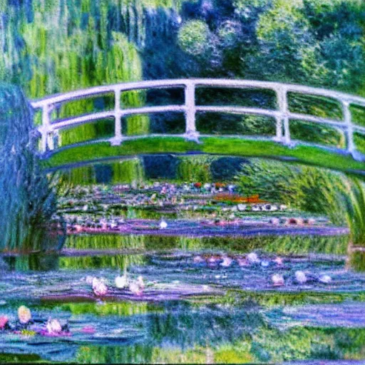 Prompt: Water Lilies, Claude Monet, masterpiece, 4k art gallery scan, oil on canvas (deframed),Blue and dark green and purple