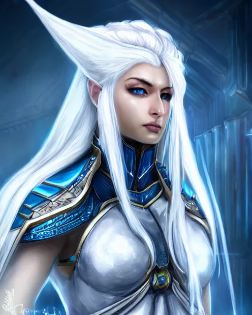 Image similar to perfect white haired attractive egyptian goddess, warframe armor, beautiful, symmetric, dreamy, half asian, pretty face, blue eyes, khaleesi, detailed, scifi platform, laboratory, experiment, 4 k, ultra realistic, epic lighting, android body, illuminated, cinematic, masterpiece, art by akihito tsukushi, voidstar