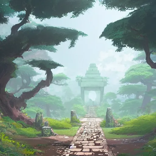 Image similar to concept art by sylvain sarrailh of an stone path leading to an abandonned asian temple, asiatic forest, studio ghibli