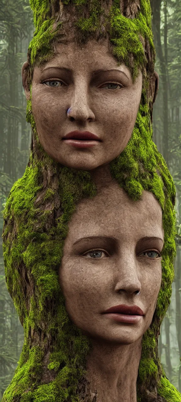 Prompt: photograph of hyperrealistic hyperdetailed ancient woman face in the shape of a tree covered with bark and moss, in a dark mysterious forest, unreal engine, octane,