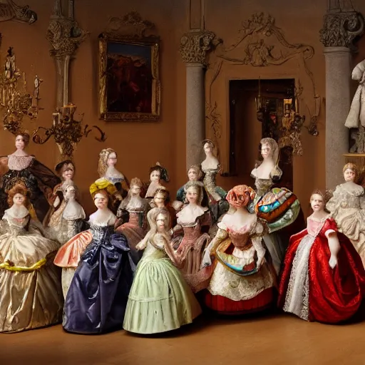 Image similar to Women in baroque dresses, standing in the middle of the room full of toys