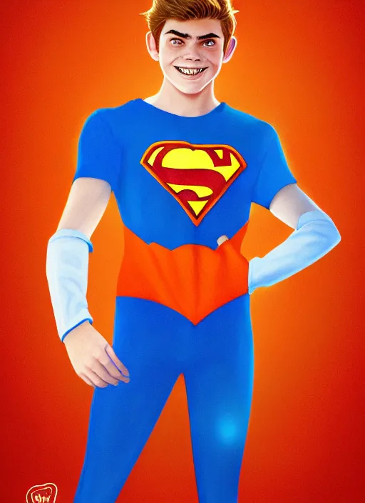 Image similar to friendly teenage archie andrews wearing an orange superhero costume with heart logo, heart, freckles, blue cape, heart emblem on chest, blue cape, intricate, elegant, glowing lights, highly detailed, digital painting, artstation, sharp focus, illustration, art by wlop, mars ravelo and greg rutkowski