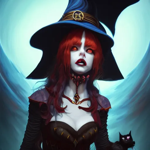 Image similar to Oil Painting of Cat Witch, Anthropomorphized, evil grin , magic the gathering artwork, horror, D&D, fantasy, cinematic lighting, centered, symmetrical, highly detailed, digital painting, artstation, concept art, smooth, sharp focus, illustration, volumetric lighting, epic Composition, 8k, art by Akihiko Yoshida and Greg Rutkowski and Craig Mullins, oil painting, cgsociety