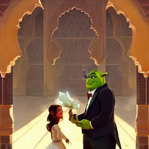 Image similar to handsome shrek in a tuxedo in a moroccan wedding, highly detailed, digital painting, artstation, concept art, sharp focus, illustration, art by greg rutkowski and alphonse mucha