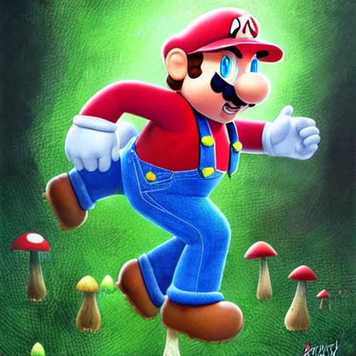 Prompt: a realistic portrait chris pratt as super mario running in a field of mushrooms by android jones