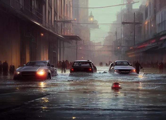 Image similar to cars driving through shallow water, flooded city, people walking through shallow water, muted colors, hyperrealistic, oil painting, intricate, cgsociety, artstation, 8 k, cinematic, soft lighting, by greg rutkowski, by wlop, by artgerm