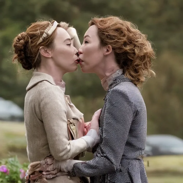 Image similar to jodie comer and sandra oh kiss, beautiful movie stills