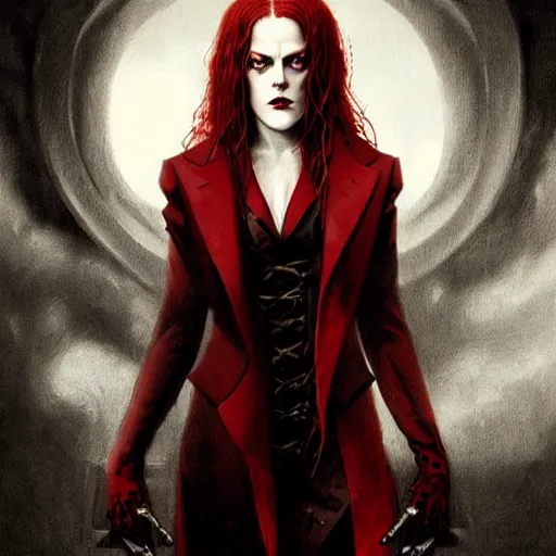 Image similar to portrait of riley keough as a vampire in bloody business suit, blood red eyes, fantasy, intricate, elegant, highly detailed, digital painting, art by aenaluck and roberto ferri and greg rutkowski, epic fantasy, movie poster