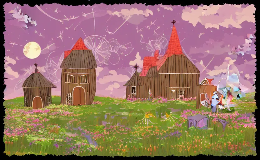 Image similar to magical farmhouse, fairies flying, vector, storybook, muted colors, gouache, flat, sharp edges, print