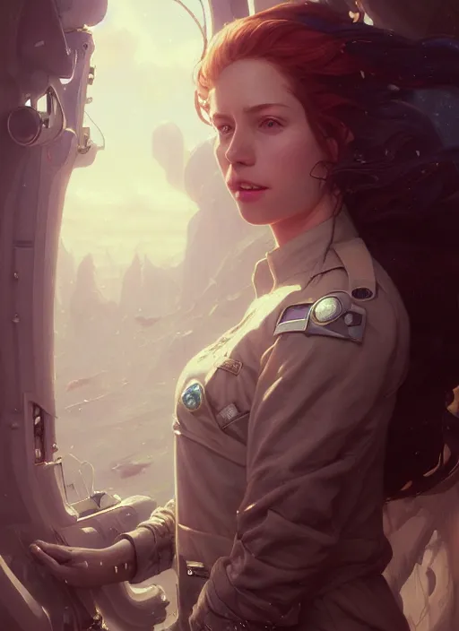 Image similar to highly detailed portrait of a female pilot, cracked porcelain skin, stephen bliss, unreal engine, fantasy art by greg rutkowski, loish, rhads, ferdinand knab, makoto shinkai and lois van baarle, ilya kuvshinov, rossdraws, tom bagshaw, alphonse mucha, global illumination, radiant light, detailed and intricate environment