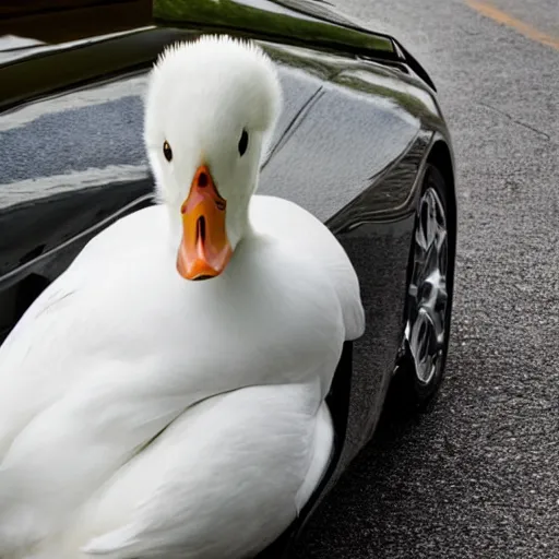 Prompt: a white duck, sitting in the front seat of a ferrari