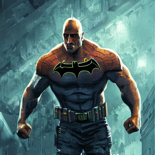 Image similar to dwayne johnson as spiderbatman, digital illustration portrait design, by android jones and greg rutkowski, retrowave color scheme, detailed, cinematic lighting, wide angle action dynamic portrait