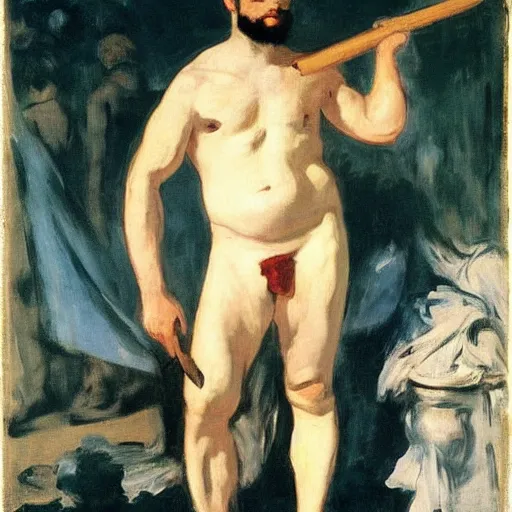 Image similar to Olympia by Édouard Manet, but as a muscular man