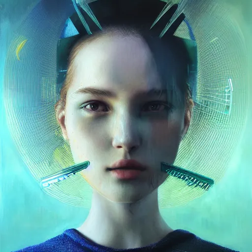 Prompt: 3 d, sci - fi, morning, sleepy fashion model face, sun, cinematic, clouds, sun rays, vogue cover style, poster art, light green and deep blue mood, realistic painting, intricate oil painting, high detail, figurative art, multiple exposure, poster art, 3 d, by tooth wu and wlop and beeple and greg rutkowski