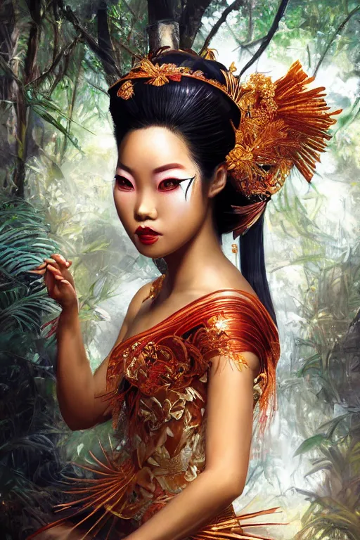 Image similar to stunningly beautiful, indonesian geisha dancer in jungle, symmetrical face, golden hour, smooth, focus, highly detailed, hyper realistic, dramatic lighting, elegant, intricate, concept art, art by wlop, mars ravelo, greg rutowski, artstation