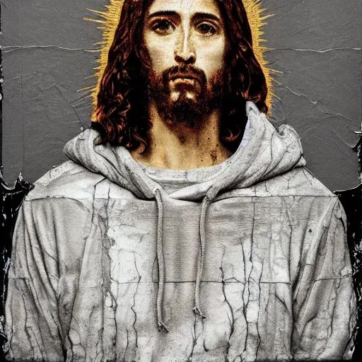 Prompt: jesus portrait wearing virgil abloh hoodie streetwear by nicola samori, off - white style