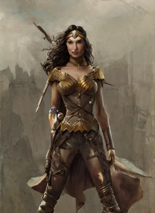 Image similar to highly detailed steampunk gal gadot standing, steel age : leonardo da vinci, greg rutkowski, magali villeneuve