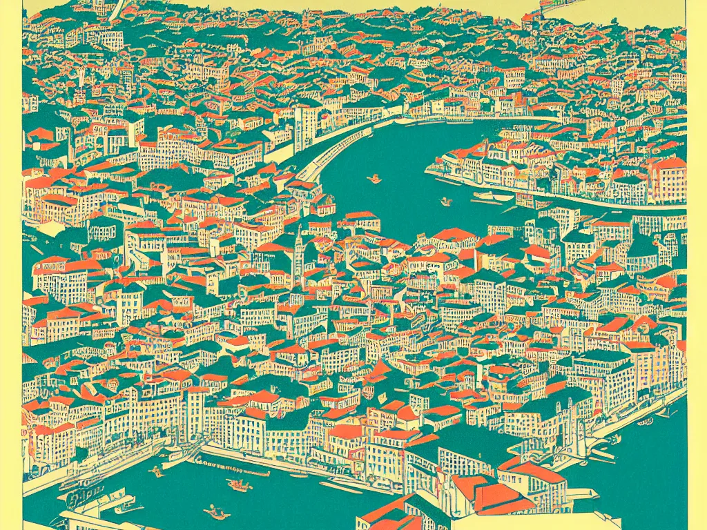 Image similar to Lisbon from a birds eye view, flat design, screen print by Kawase Hasui, jeffrey smith and Yves Klein