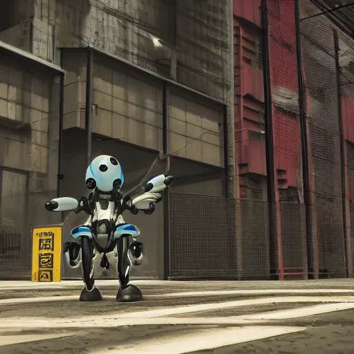 Image similar to “Tachikoma is patrolling near the entrance to a tall industrial warehouse. Street level. 2077 Photomode in the architectural style of Neo-Tokyo. 8k ”