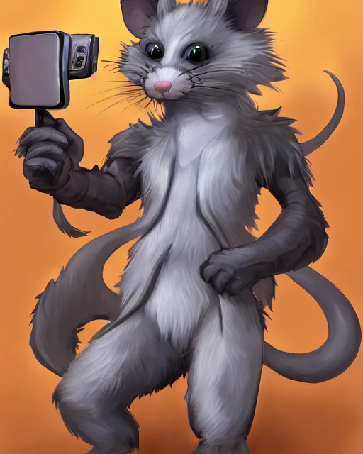 Image similar to a full body shot of an anthro furry rat wearing a fantasy armor making a selfie, fantasy, artstation, furry art, furaffinity, deviantart, symmetrical, highly detailed, award winning, trending