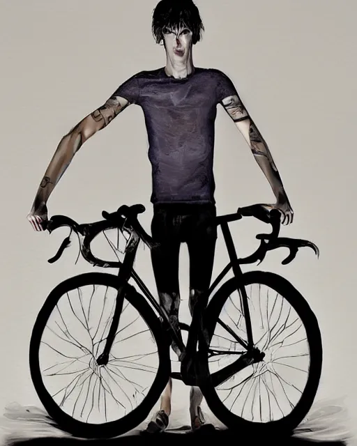 Image similar to Style = digital portrait by Jason Harkness, Carlos Samuel Araya, and Steve Prescott. hyperrealistic portrait lighting, high detail, high quality, realistically proportioned face and facial features, modern aesthetic.; Subject = Tom Cargill, a 24-year old bike courier. long-limbed, lanky build. wide, dark eyes. His aesthetic and vibe are peculiar, carefree, alert, and quick. Tom Cargill is a changeling, abducted by the Fae years ago and twisted to their designs as a prey animal in their sick games. Tom Cargill escaped, but still found his body irrevocably altered by their magic. Tom Cargill is part jackalope.