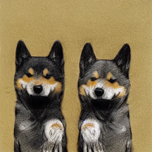 Prompt: charcoal portrait of two shiba inu’s doing a high five