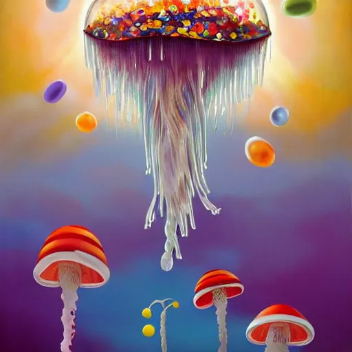 Image similar to Giant ice cream jellyfish, jellybeans, flowers, and mushrooms fly through the air, as a tornado approaches, by Takashi Murakami, Edward Hopper, Bo Bartlett, and Cynthia Sheppard, Artstation