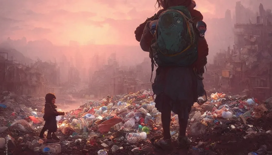 Image similar to poor detailed child with backpack looking for food at garbage dump, city is pure wasteland, moody sunset in background, greg rutkowski, alphonse mucha, trending on artstation, artgerm, unreal engine, breathtaking, award winning, highly detailed