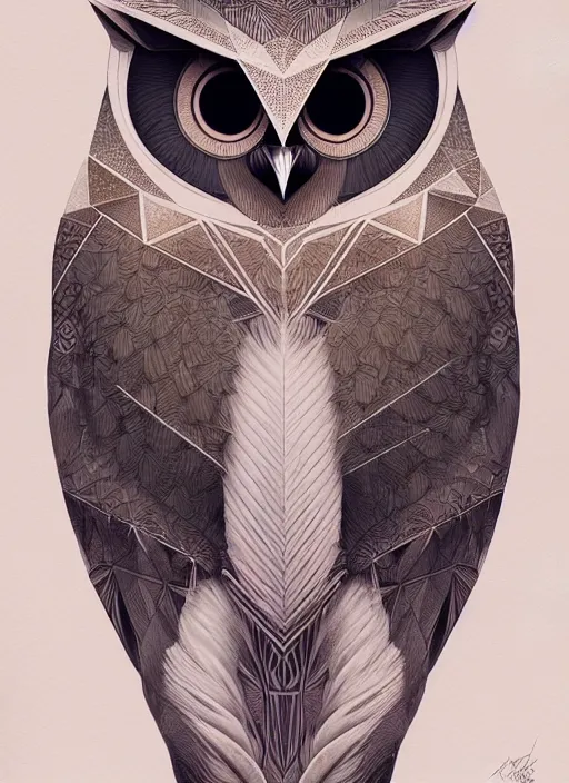 Image similar to portrait of a geometric owl, identical eyes, medium shot, illustration, full body made of white feathers, symmetrical, art stand, super detailed, cinematic lighting, and its detailed and intricate, gorgeous, by peter mohrbacher