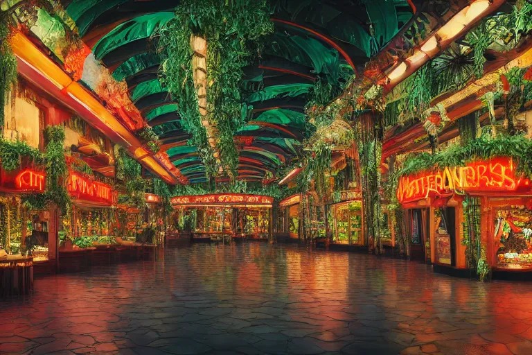 Prompt: photorealistic painting of a Rainforest Cafe by William Holman Hunt and Francesco Hayez, BladeRunner, dark, rainy, neon sign, octane render, 8k, award-winning, highly detailed, trending on arstation