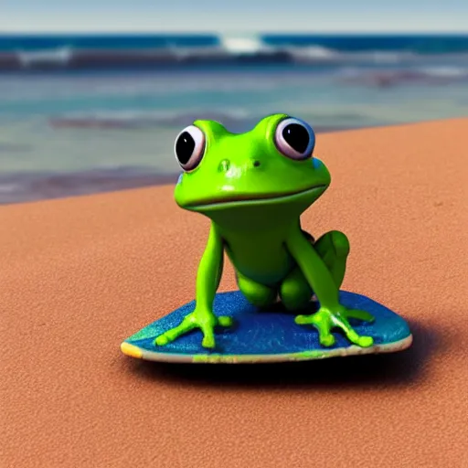 Image similar to 3 d octane chibi frog character surfing at the beach, pixar style